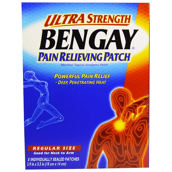 Bengay Ultra Strength Pain Relief Patch for muscle pain, 3.9 x 5.5 inches, used on sore muscles, by Pasteur Pharmacy.