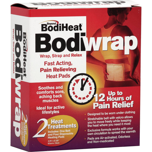 Beyond BodiHeat heat pads from Pasteur Pharmacy, fast-acting pain-relieving Bodiwrap for muscle relief and comfort.