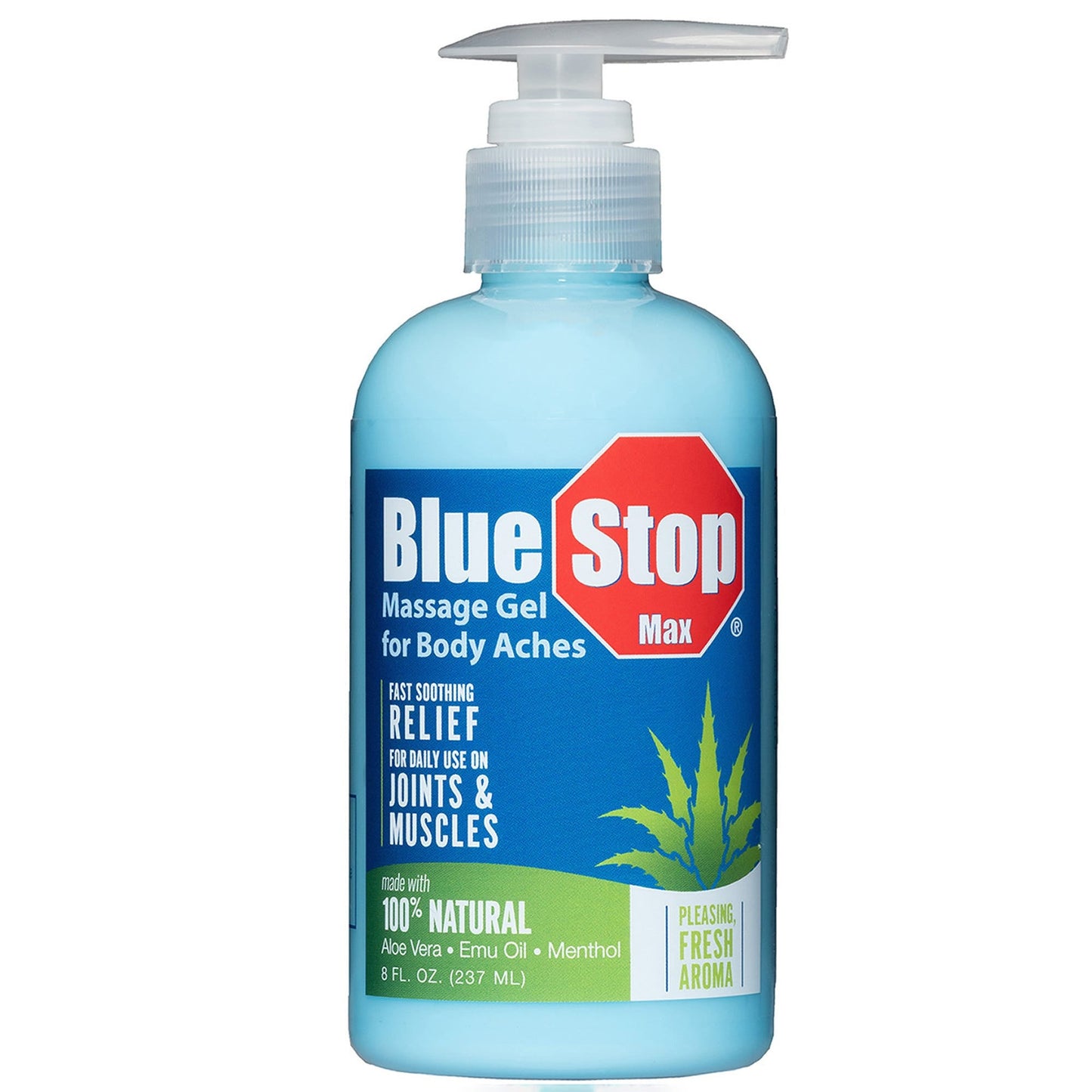 Blue Stop Max Massage Gel by Pasteur Pharmacy for body aches, 8 oz, featuring soothing personal care for muscle relief.