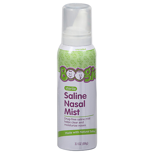 Boogie Mist Unscented Sterile Saline Spray in 3oz bottle for nasal relief, from Pasteur Pharmacy personal care line.