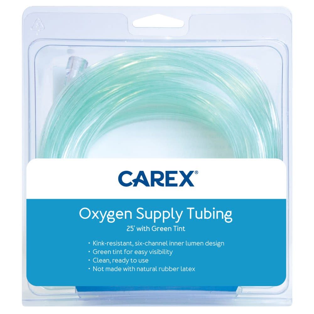 Carex oxygen supply tubing with green tint, 25 feet, for personal care use, designed for oxygen therapy applications.