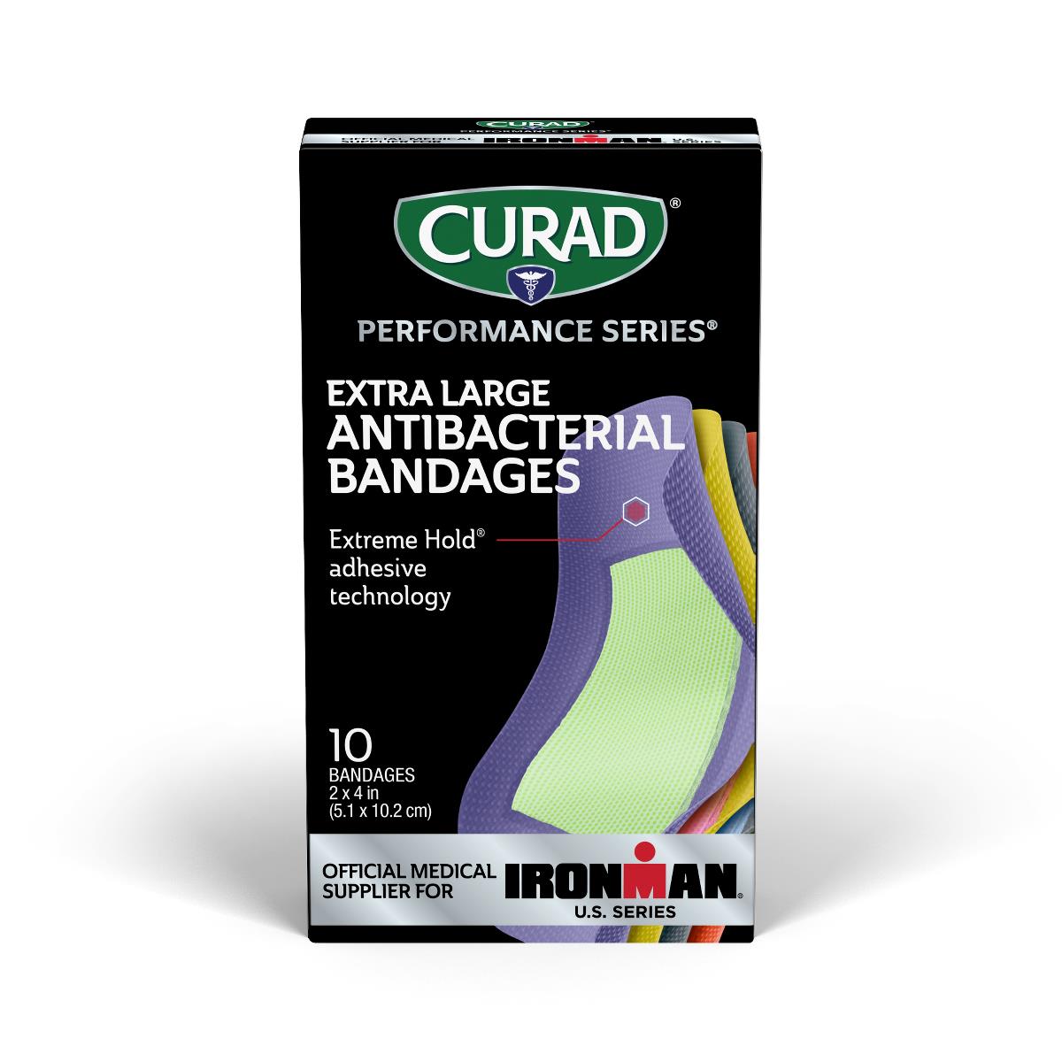 Curad Performance Series XL antibacterial bandages from Pasteur Pharmacy providing rugged protection for cuts and wounds.