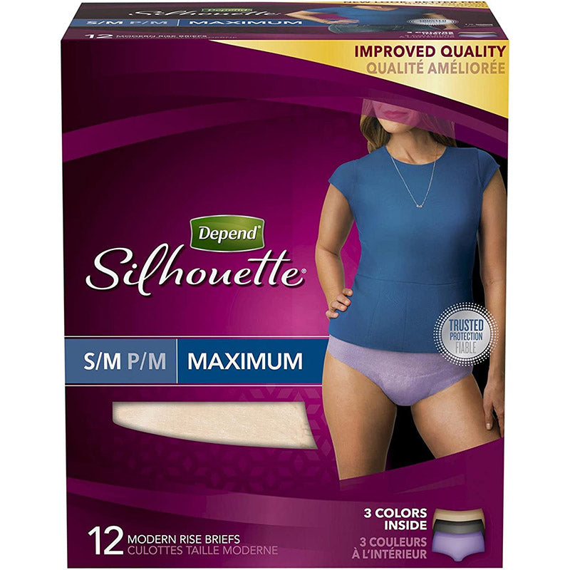 Depend Silhouette For Women briefs with maximum absorbency, S/M, in soft fabric, designed for comfortable personal care.