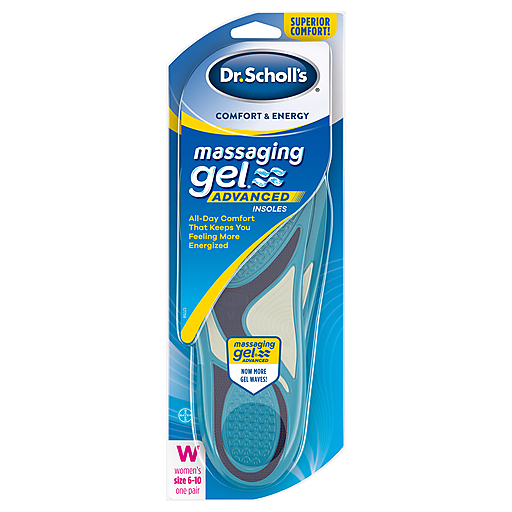 Dr. Scholl's Comfort and Energy massaging gel insoles for women, size 6-10, shown in a pair for added comfort.
