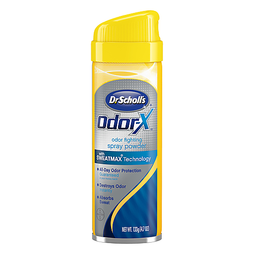 Dr. Scholl's Odor Fighting Spray Powder in a 4.6-ounce container, designed for personal care and odor control.