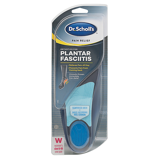 Dr. Scholl's women's pain relief orthotics for plantar fasciitis, size 6-10, shown in a clear view of the insoles.