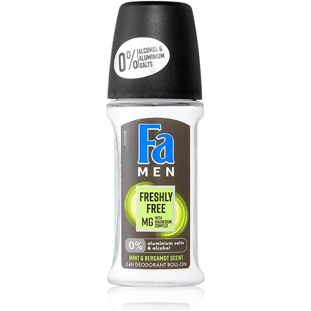 Fa Men Freshly Free magnesium mint and bergamot deodorant roll-on in 50ml bottle, personal care product with fresh, invigorating scent.