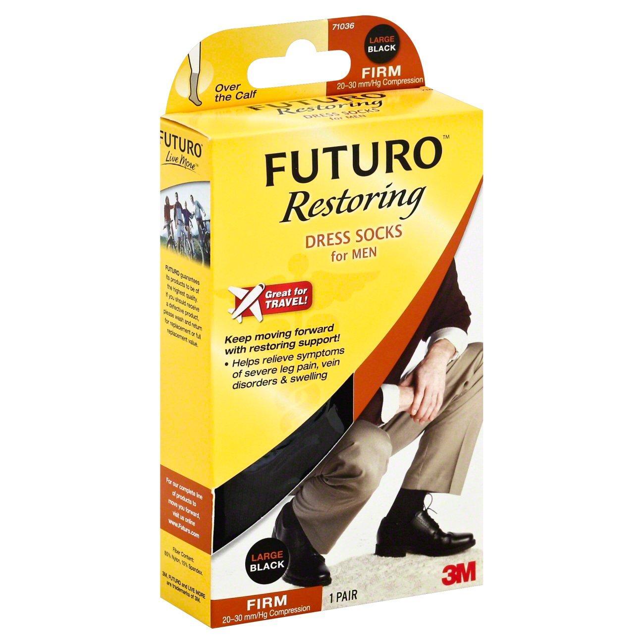 Black Futuro restoring dress socks for men, large size, firm compression, designed for improved circulation and personal care.