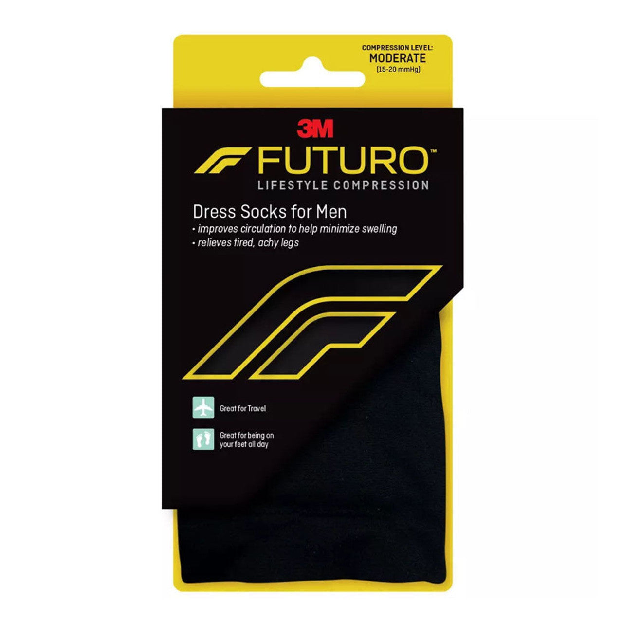FUTURO revitalizing men's black dress socks with mild compression 15-20 mmHg, medium size, shown in a pair.