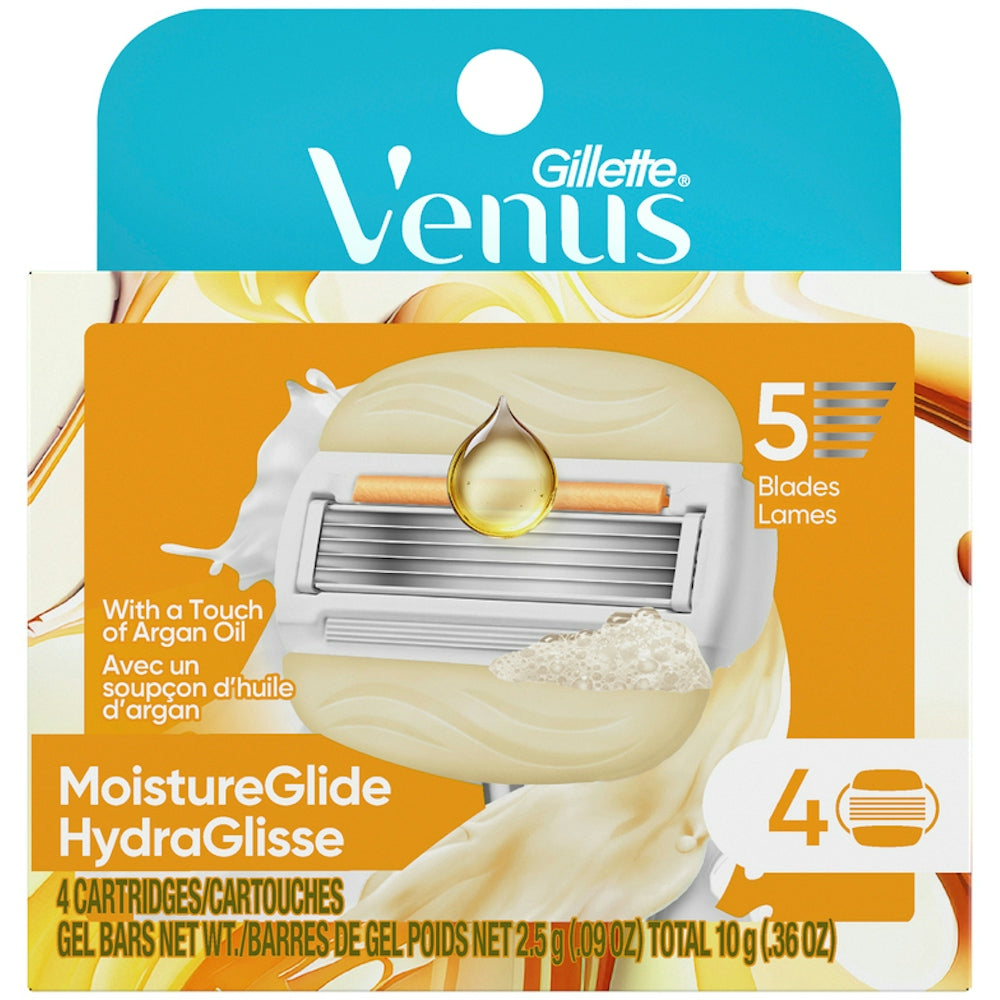 Gillette Venus MoistureGlide women's razor blade refills with 5 blades, 4-pack, for smooth, comfortable shaving.