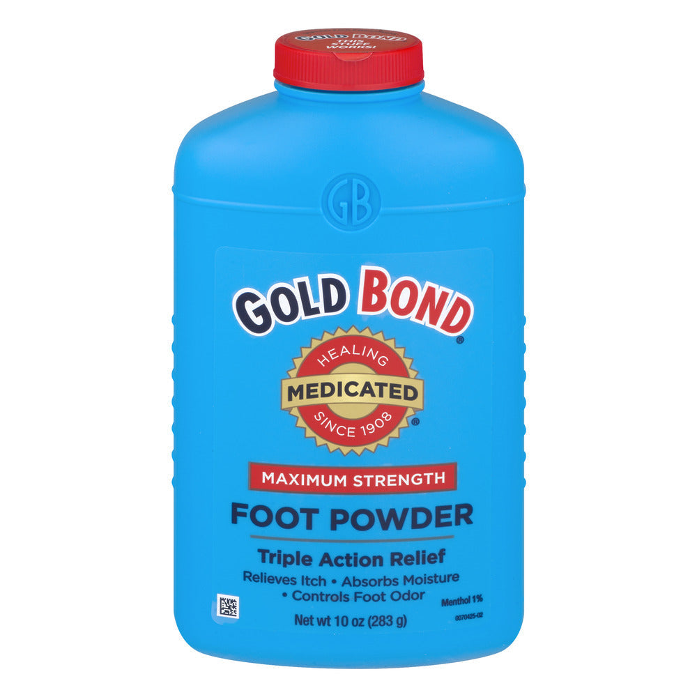 Gold Bond Maximum Strength Medicated Foot Powder in a 10 oz container, shown in a personal care product image.