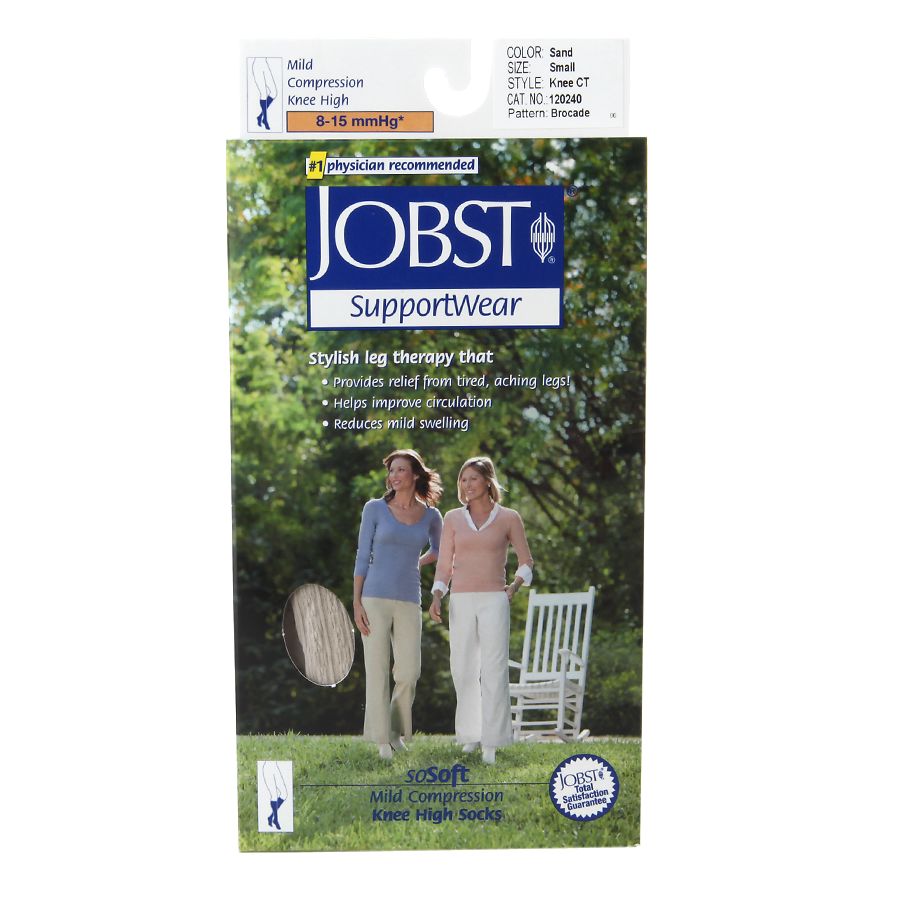 Jobst SupportWear SoSoft mild compression knee-high socks in sand, small size, 8-15mmHg, for improved leg support and comfort.