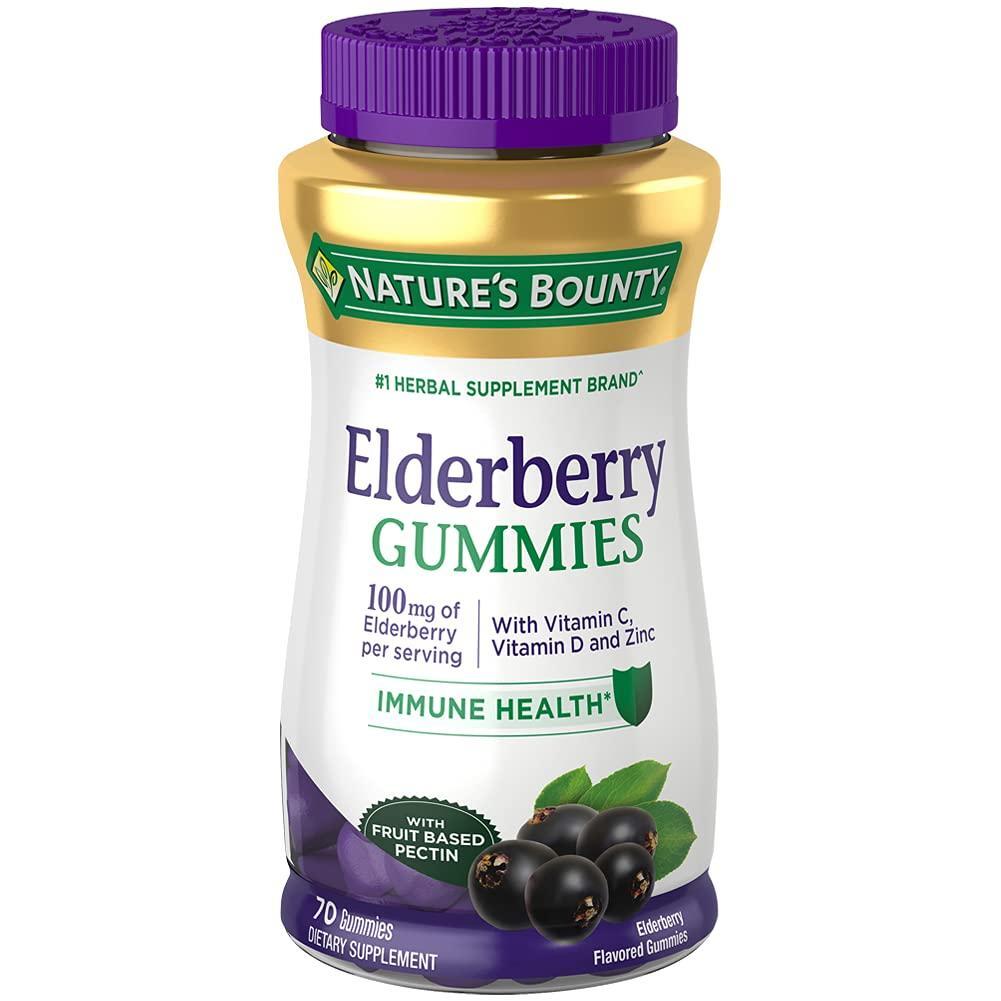 Nature's Bounty Elderberry Gummies with 100 mg of elderberry, 70 gummies for immune support, shown in a clear close-up image