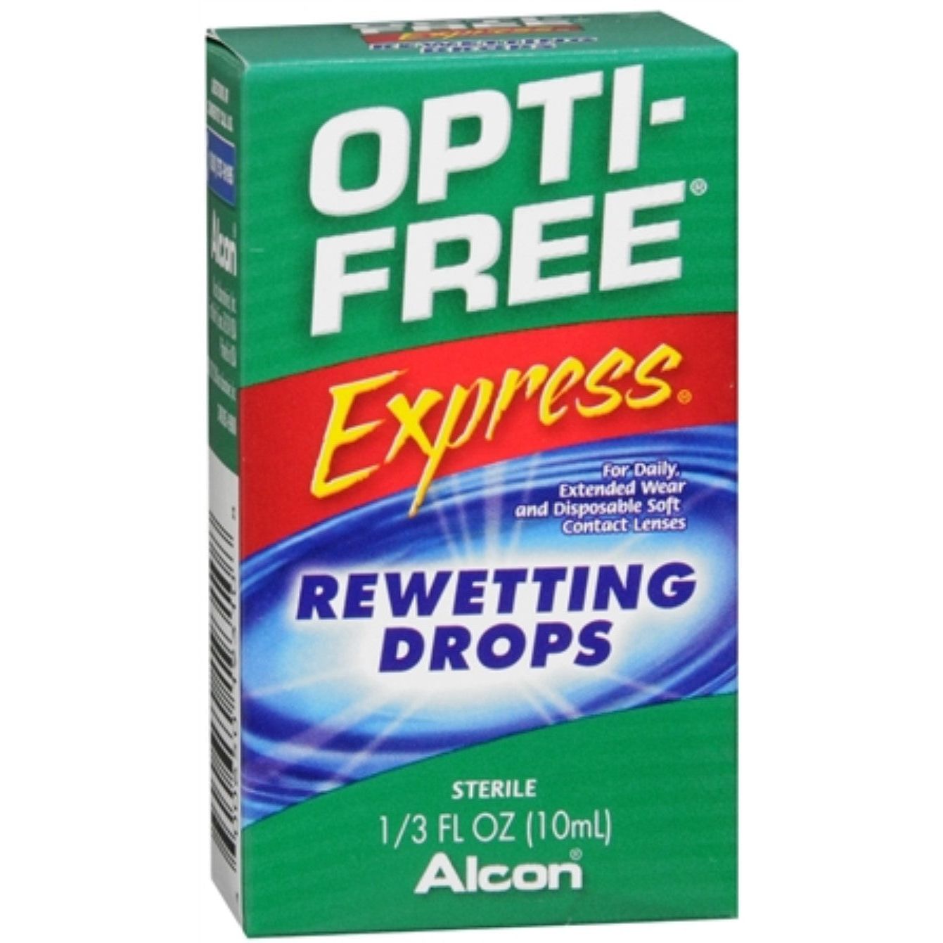 Opti Free Express Rewetting Drops in a bottle, designed for contact lens comfort and hydration by Pasteur Pharmacy.