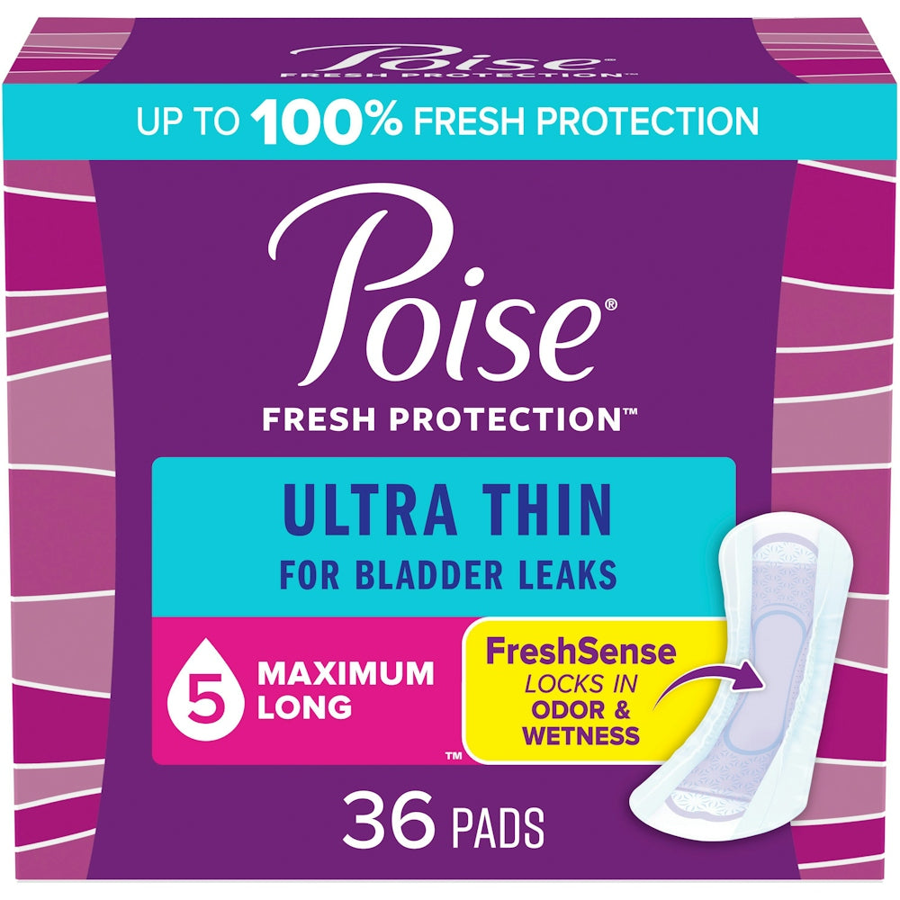 Poise Ultra Thin Incontinence Pads, 5 Drop Maximum Absorbency, Long Length, personal care product with discreet, thin design