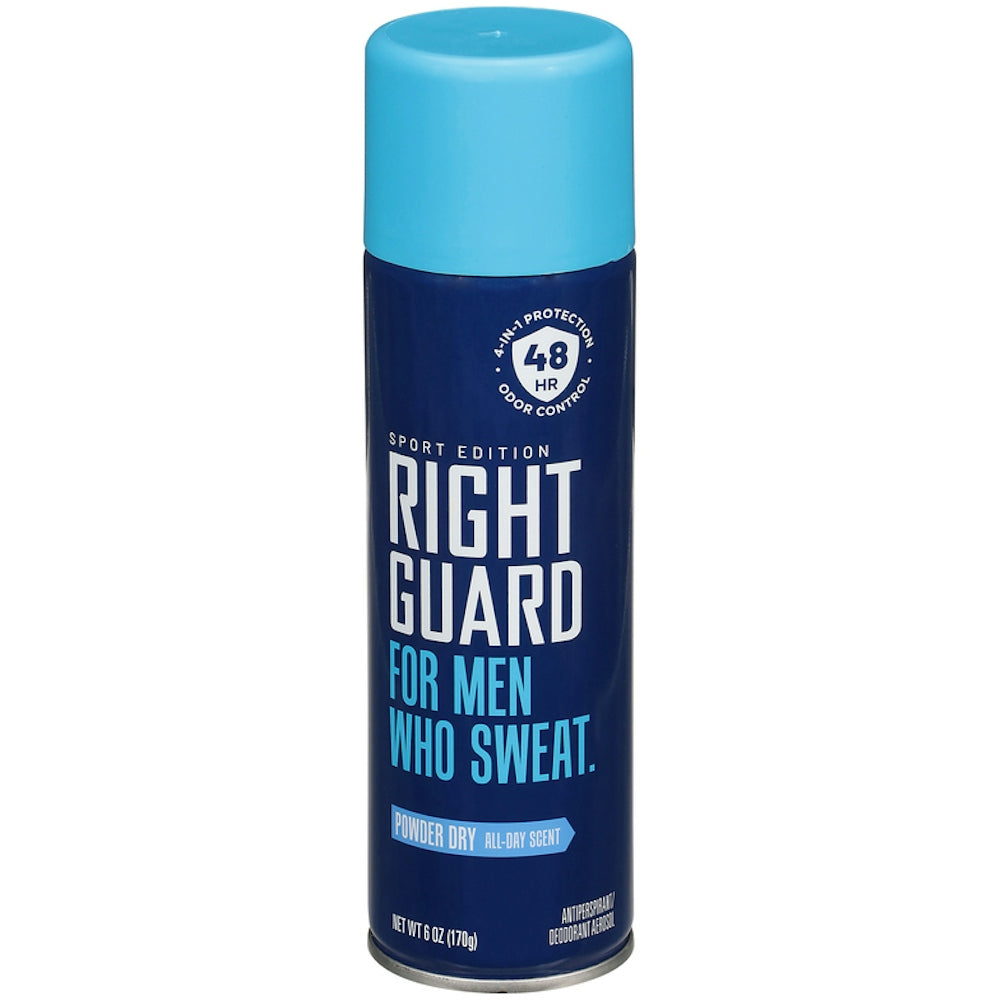 Right Guard Powder Dry Antiperspirant and Deodorant Aerosol can, 6 oz, featuring 4-in-1 protection for personal care.