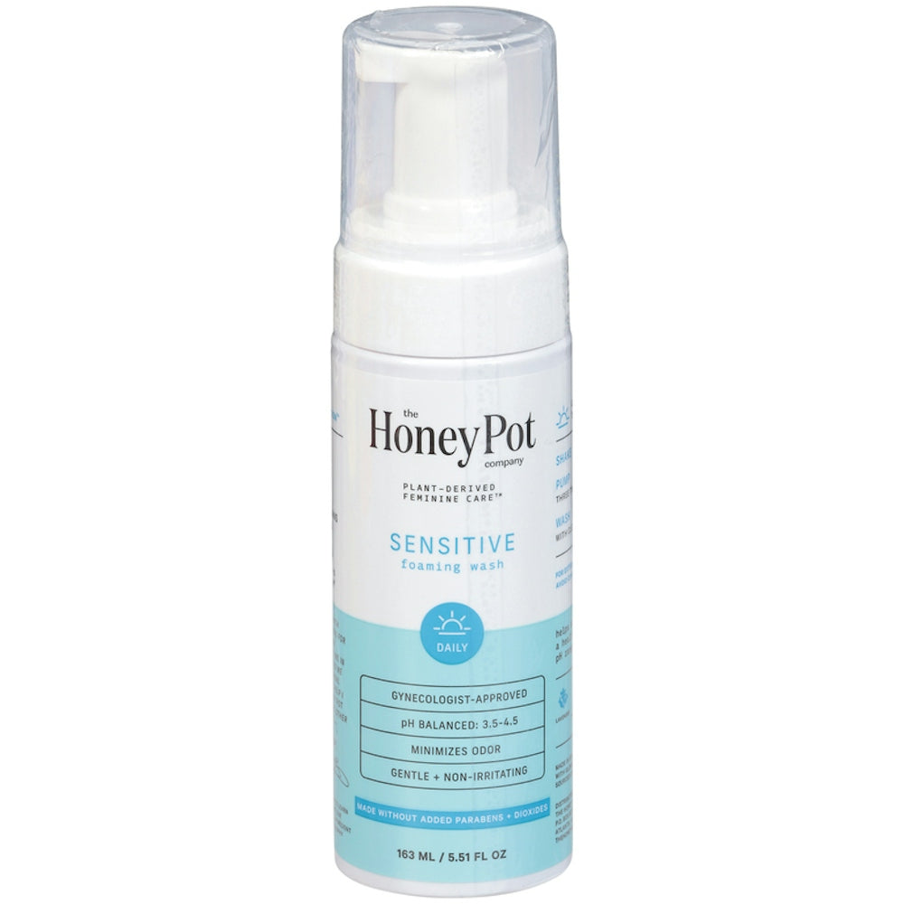 Sensitive daily foaming wash by The Honey Pot Company, personal care product in 5.51 fl oz bottle, gentle and soothing.