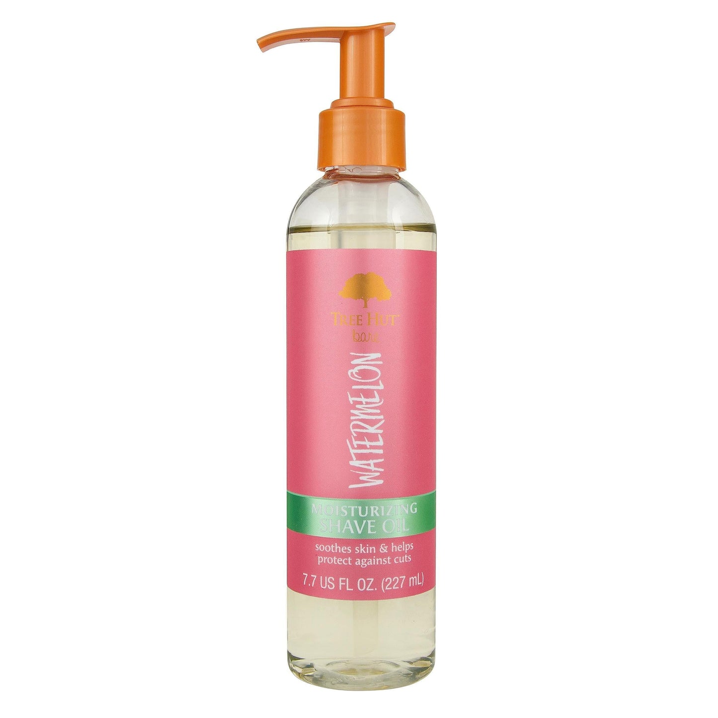 Tree Hut Bare Watermelon Moisturizing Shave Oil in a clear bottle, designed for smooth, hydrated skin during shaving.