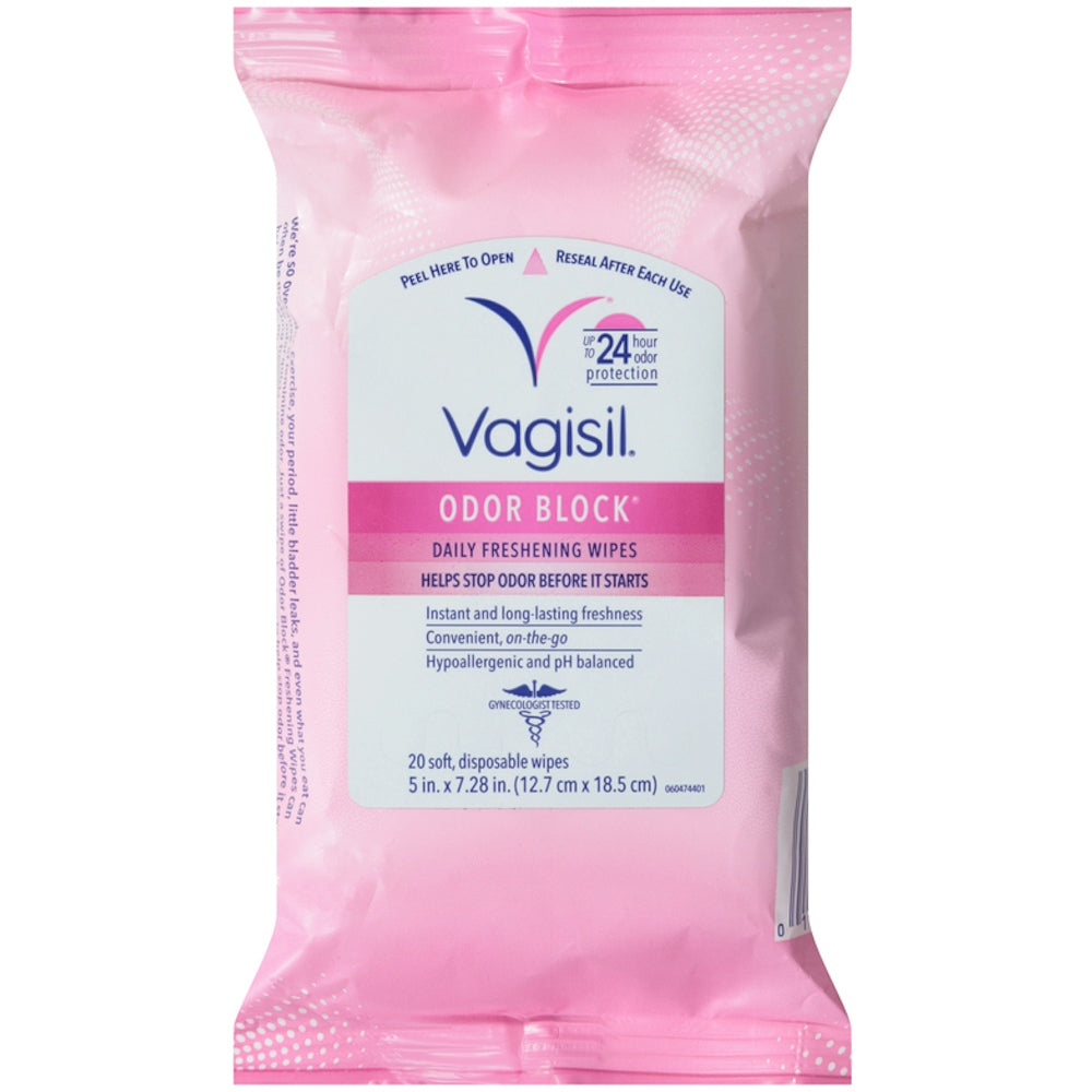 Vagisil Odor Block Daily Freshening Wipes in a 20-count pack, personal care product by Pasteur Pharmacy, for freshness and odor control