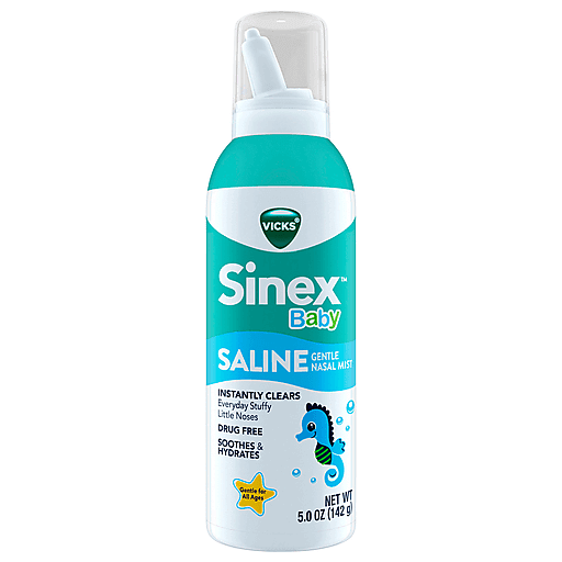 Gentle Vicks Saline Nasal Mist for babies in a 5 oz bottle, designed for soothing nasal congestion in infants.