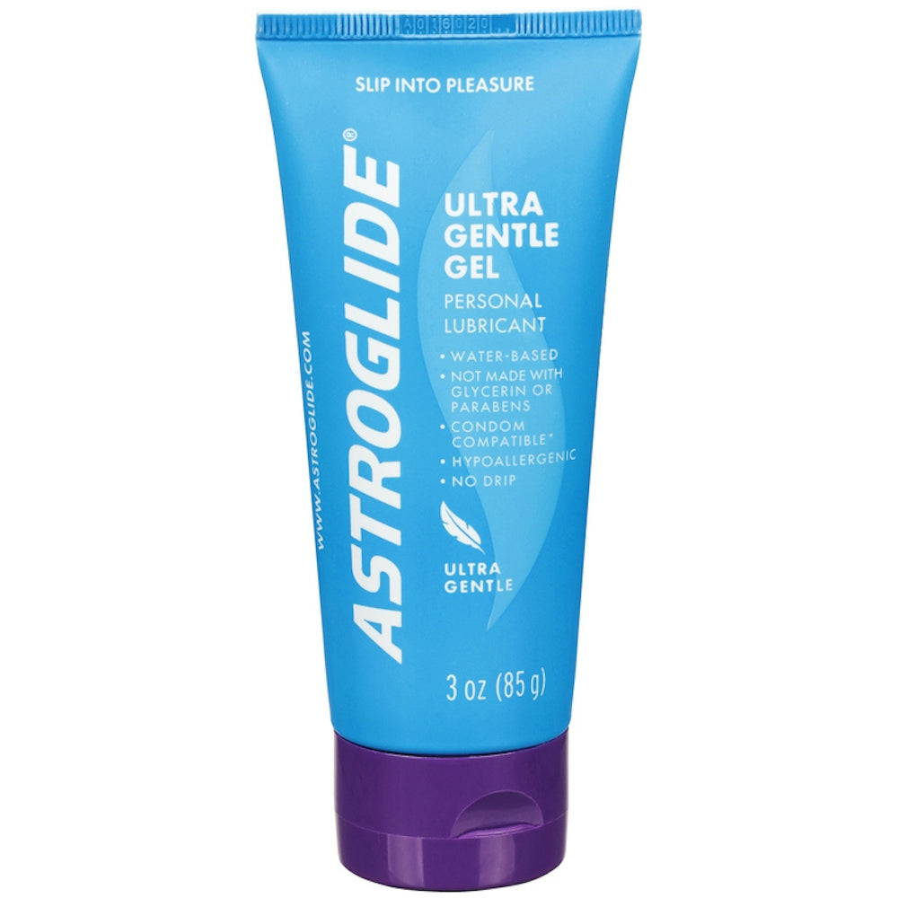 Astroglide Ultra Gentle Gel Personal Lubricant for Sensitive Skin in 3 oz tube, designed for comfort and smoothness.