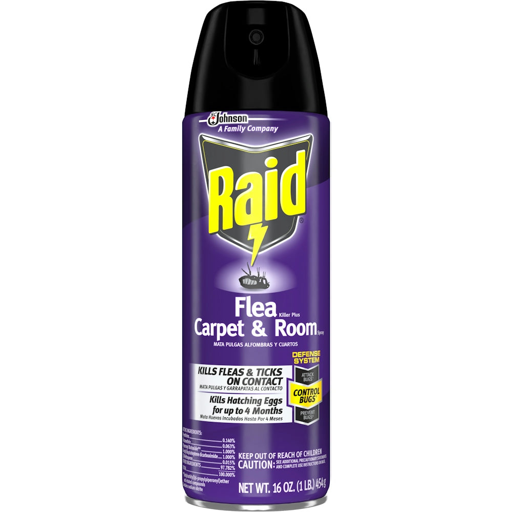 Raid Flea Killer Aerosol Plus Spray for carpets and rooms, Pasteur Pharmacy pest control product in 16 oz aerosol can.