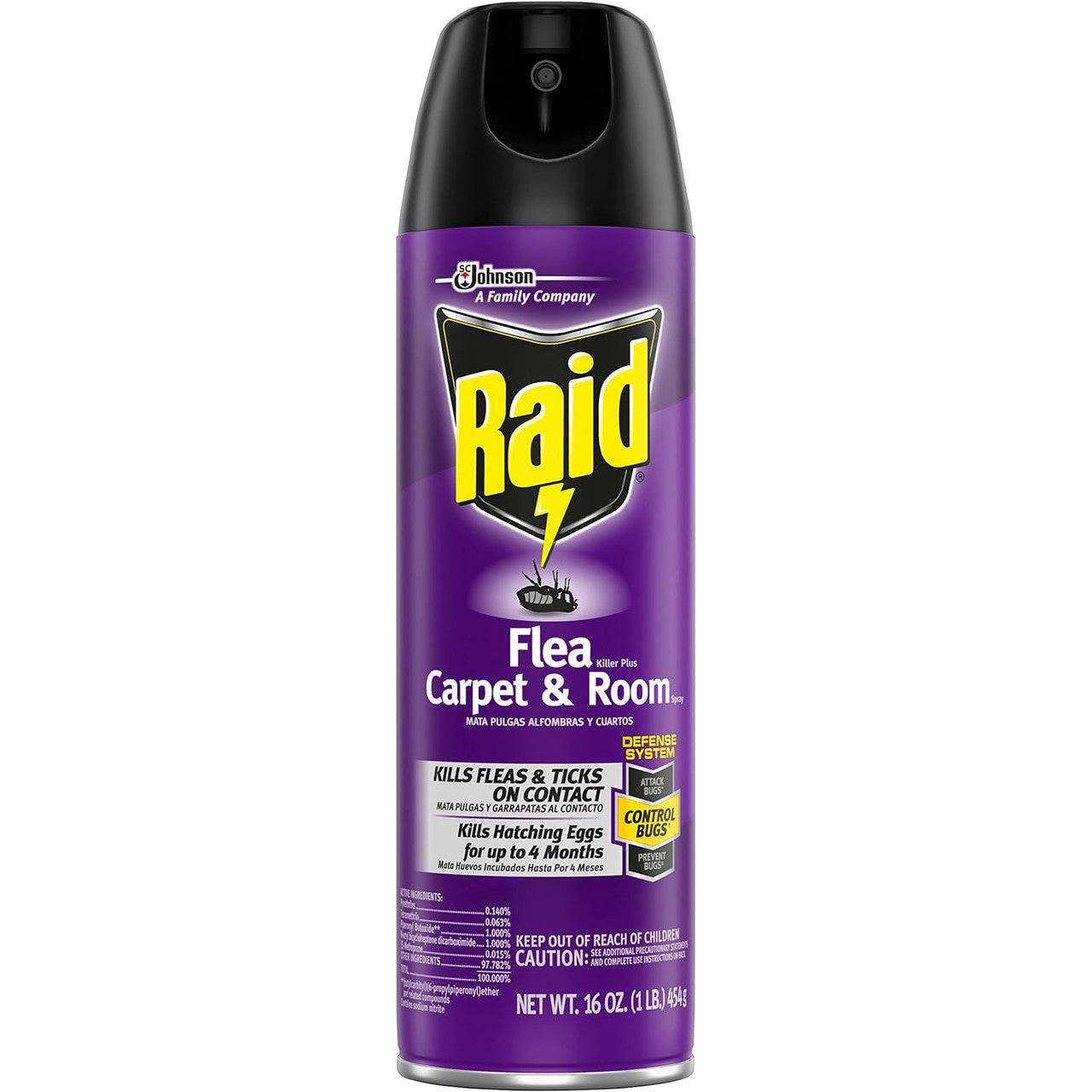 Raid Flea Killer insecticide in a 16 oz aerosol can, used for pest control to eliminate fleas effectively.