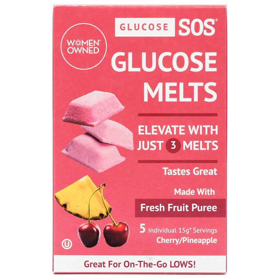 Pineapples flavored Glucose SOS Oral Melts by Pasteur Pharmacy, cherry and pineapple flavor, displayed in blister packaging.