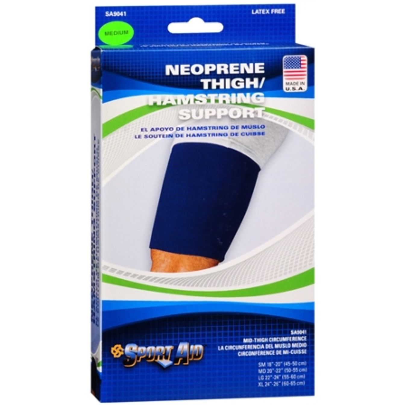 Medium neoprene thigh support aid from Pasteur Pharmacy for sports injuries and muscle support.