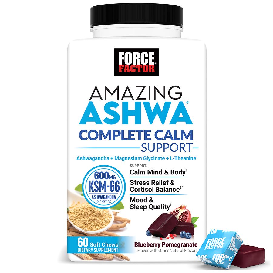Force Factor Amazing Ashwa soft chews with blueberry and pomegranate flavor, featuring fresh pomegranates in the image.