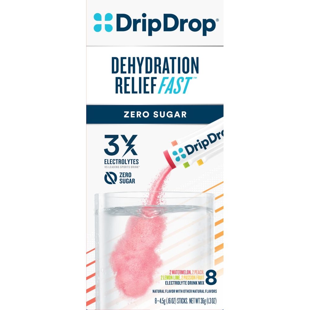 DripDrop Zero Sugar electrolyte drink mix variety pack in powdered beverage form by Pasteur Pharmacy.