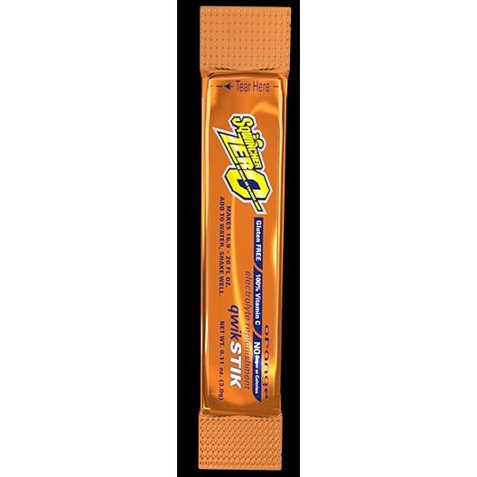 Sqwincher Zero Qwik Stik orange electrolyte drink mix sticks, sugar-free powdered beverage, 12 packs of 10 sticks each.