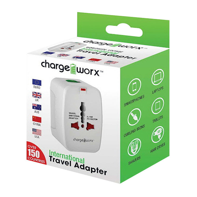 Chargeworx International Travel Adapter by Pasteur Pharmacy, compact power adapter with multiple plug options for global travel.