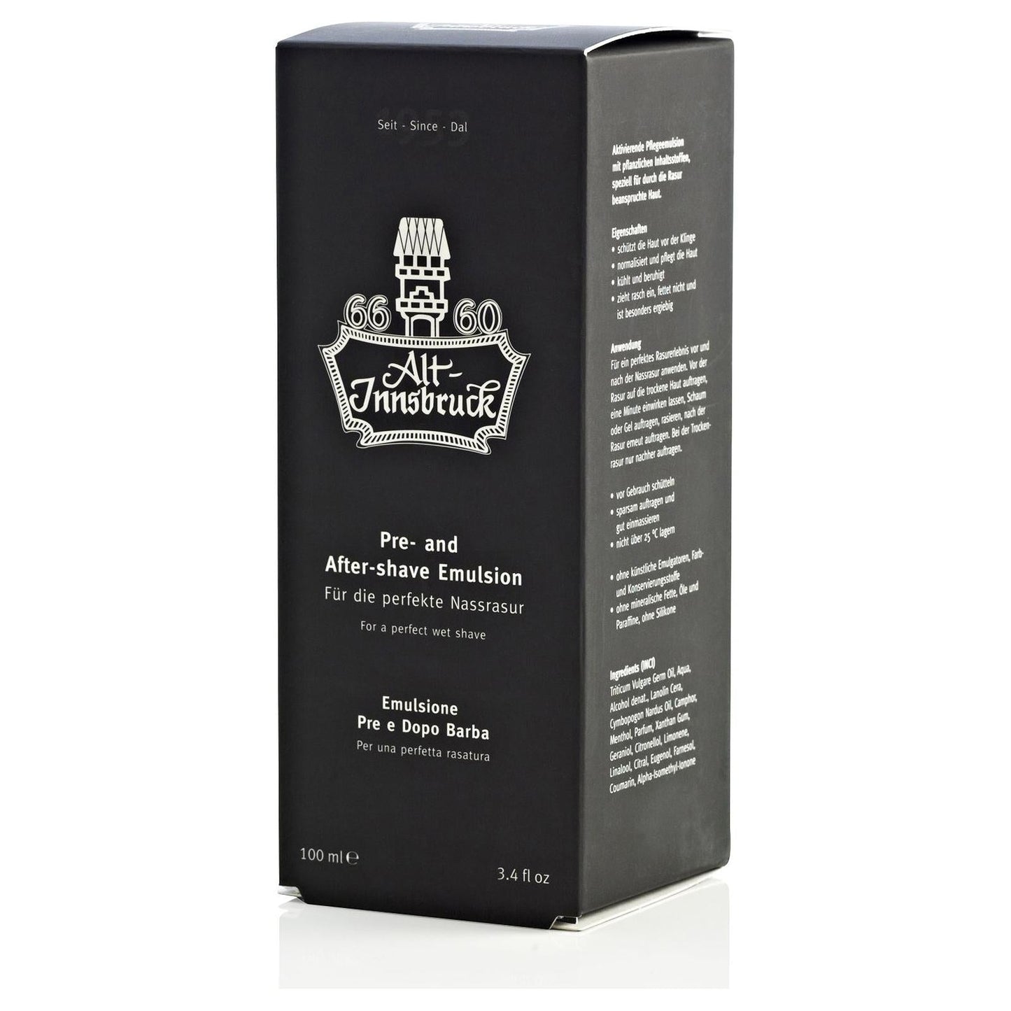Pasteur Pharmacy Alt-Innsbruck Pre and After Shave Emulsion 3.4 oz bottle, smooth skincare for men's grooming.
