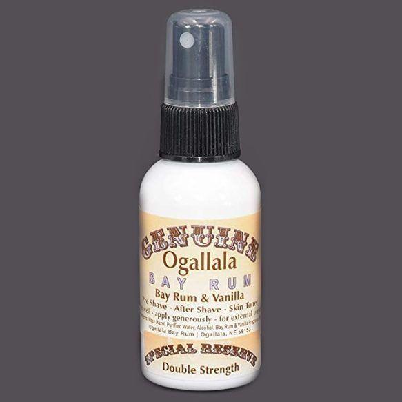 Pasteur Pharmacy Ogallala Bay Rum & Vanilla Pre Shave After Shave Skin Toner spray in 2 oz bottle, with a clear spray nozzle.