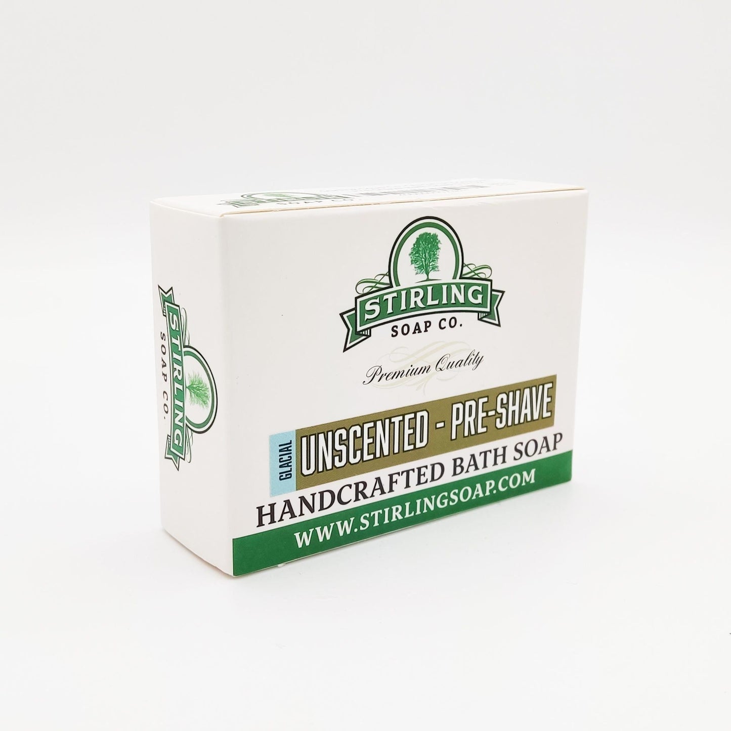 Stirling Soap Co. Glacial Unscented Pre-Shave Bath Soap in 5.5 oz container, natural pre-shave grooming product from Pasteur Pharmacy