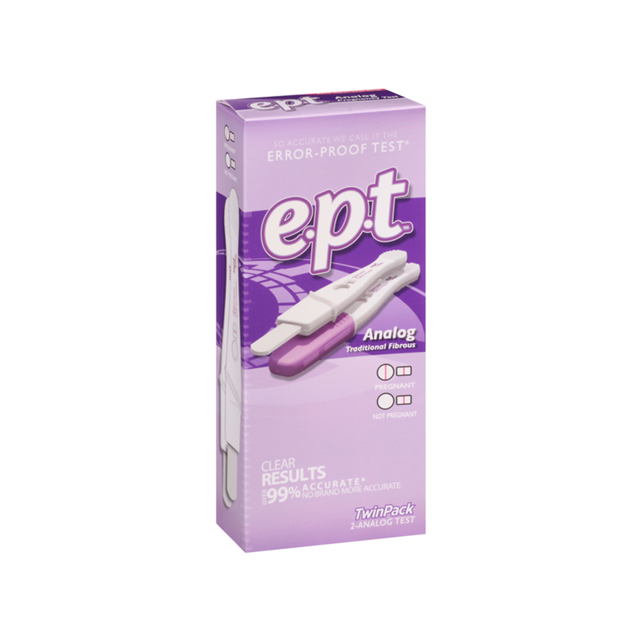 Pasteur Pharmacy EPT Twin Pack Analog Pregnancy Tests showing test sticks with control and test lines.