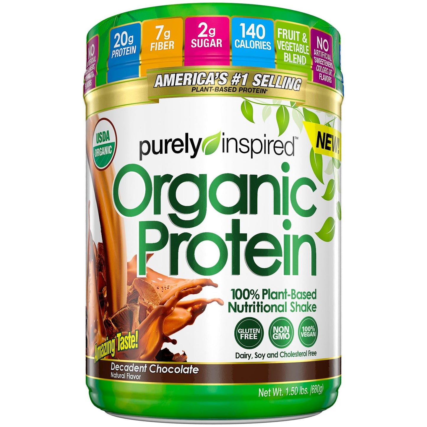 Purely Inspired Organic Protein Powder in Decadent Chocolate flavor, 1.5 lb container, natural protein supplement from Pasteur Pharmacy