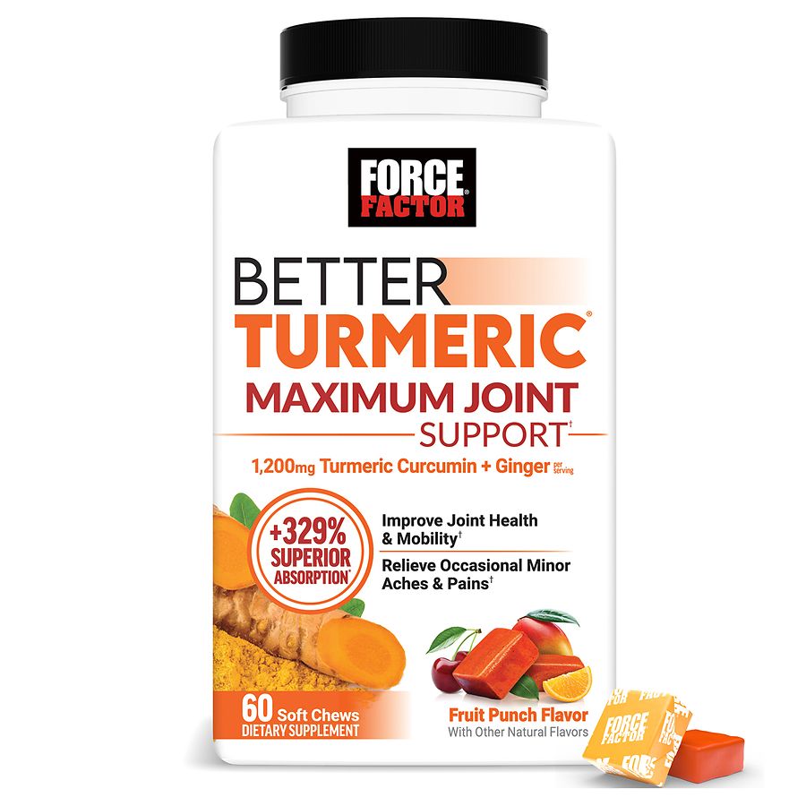 Force Factor Better Turmeric fruit punch supplement for joint support, shown in a bright, colorful bottle with label.