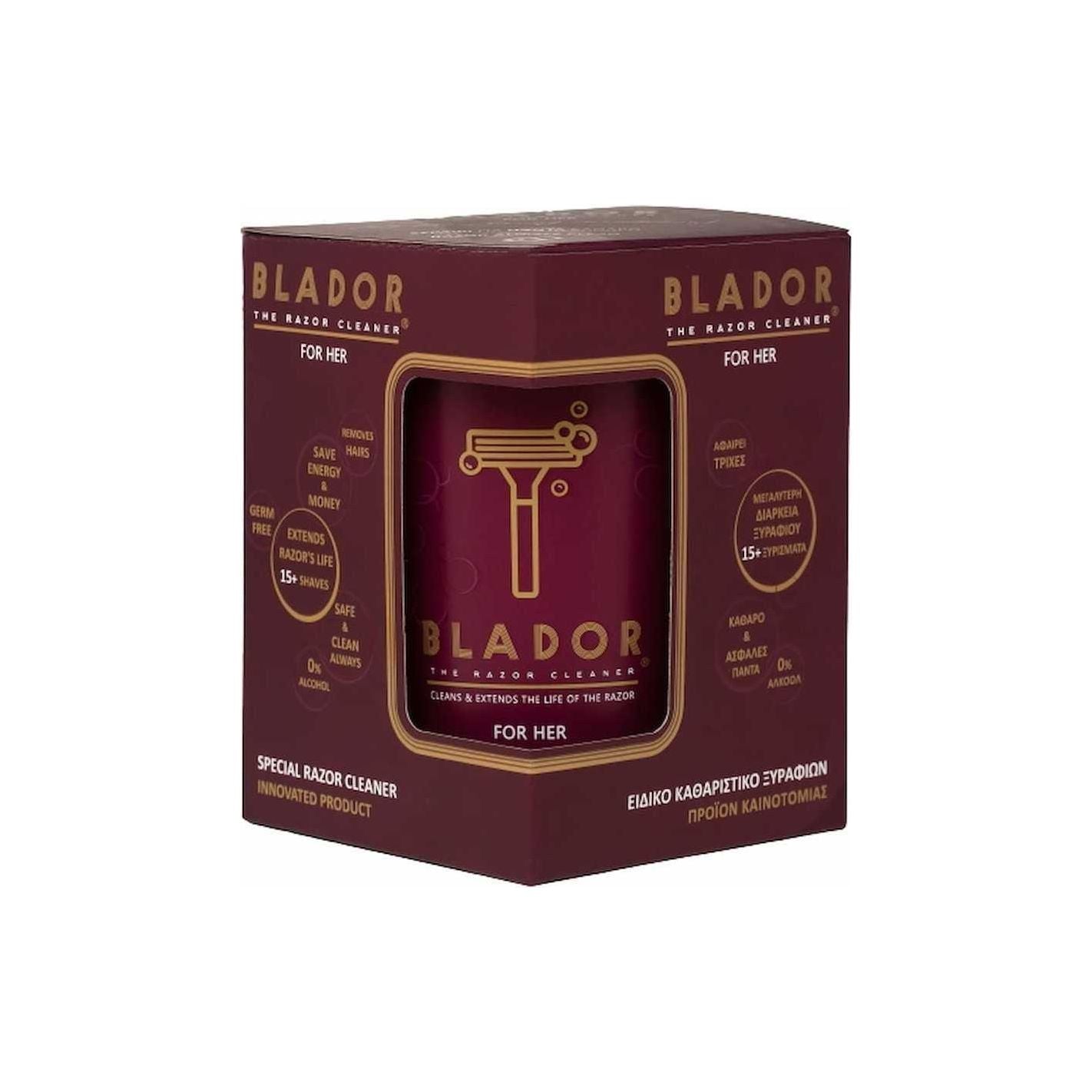 Blador Razor Blade Cleaner for Women, 100ml, in a clear bottle with a white cap, designed for cleaning razor blades.