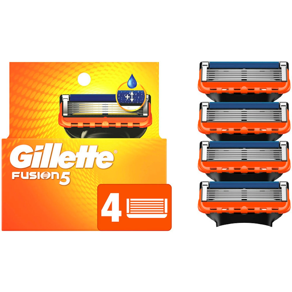 Gillette Fusion 5 men's razor blades in a 4-piece pack, featuring five ultra-sharp blades for a close shave.