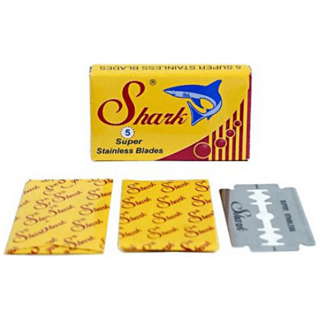 Shark Super Stainless Double Edge Razor Blades in a 5-pack, durable blades for smooth shaving, by Pasteur Pharmacy.