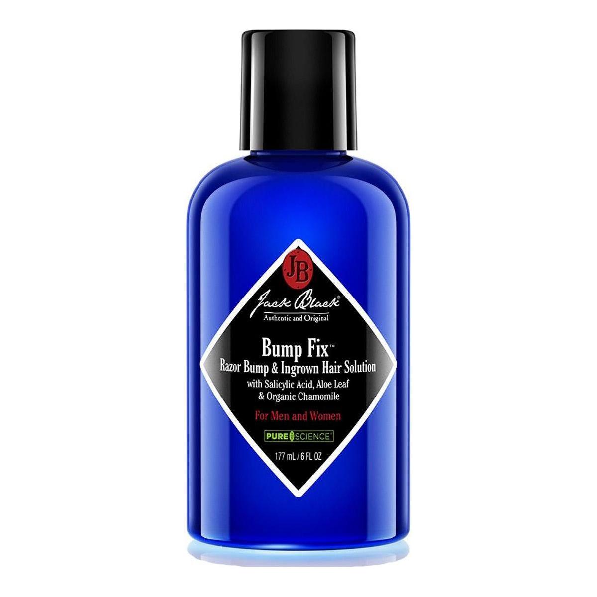 Jack Black Bump Fix razor bump and ingrown hair solution in a 6 oz bottle, with the product label visible.