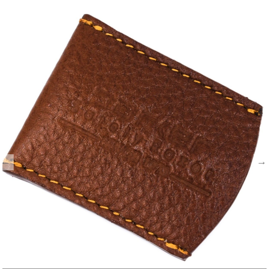 Brown leather Parker Razor Cover by Pasteur Pharmacy, designed to protect and store shaving razors securely.