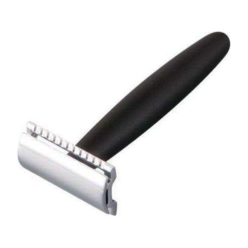 Merkur double edge razor with chrome finish and long black handle, designed for a close shave.