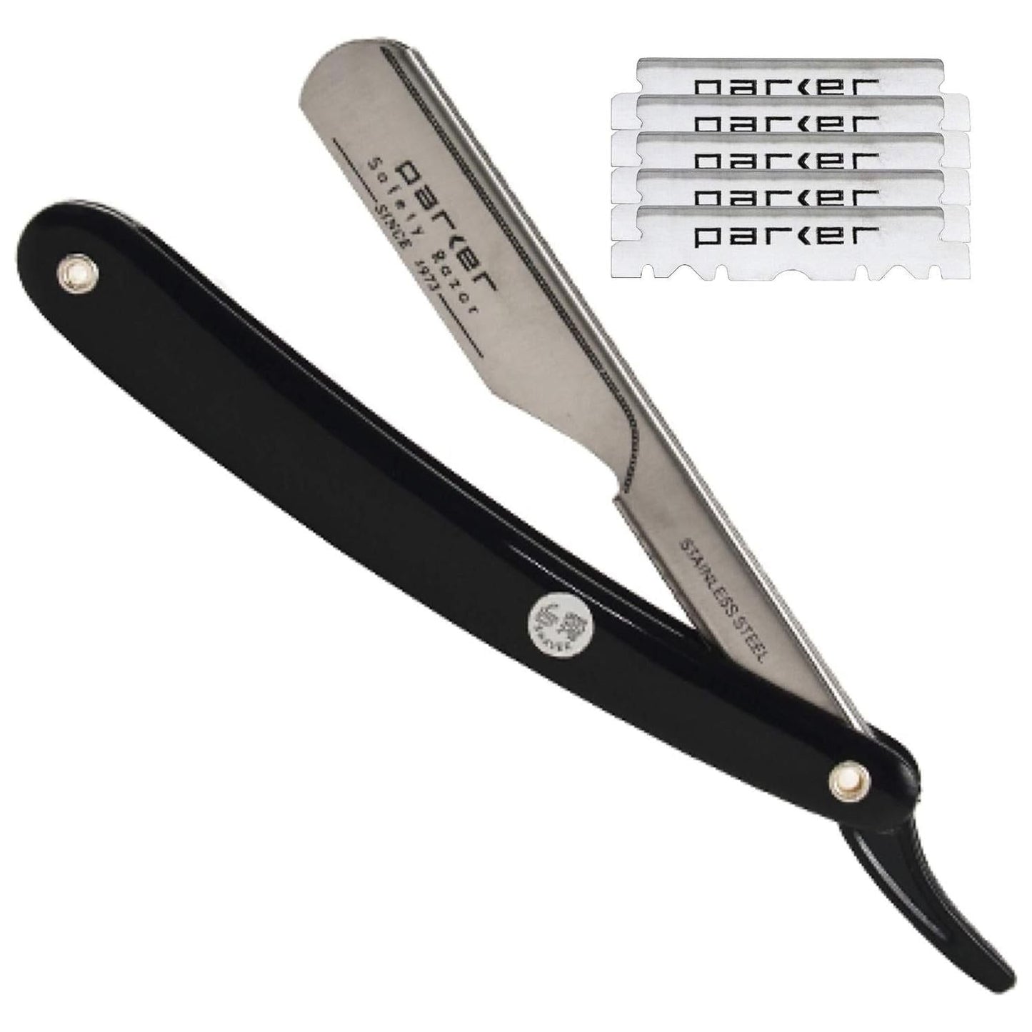 Parker PTB push-type straight barber razor with black handle, designed for professional shaving and grooming.