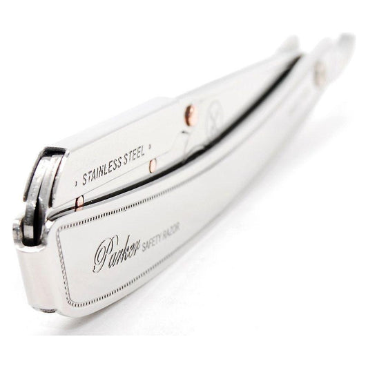 Parker SRX heavy-duty stainless steel handle clip-type barber straight razor with a sleek, durable design and polished finish.