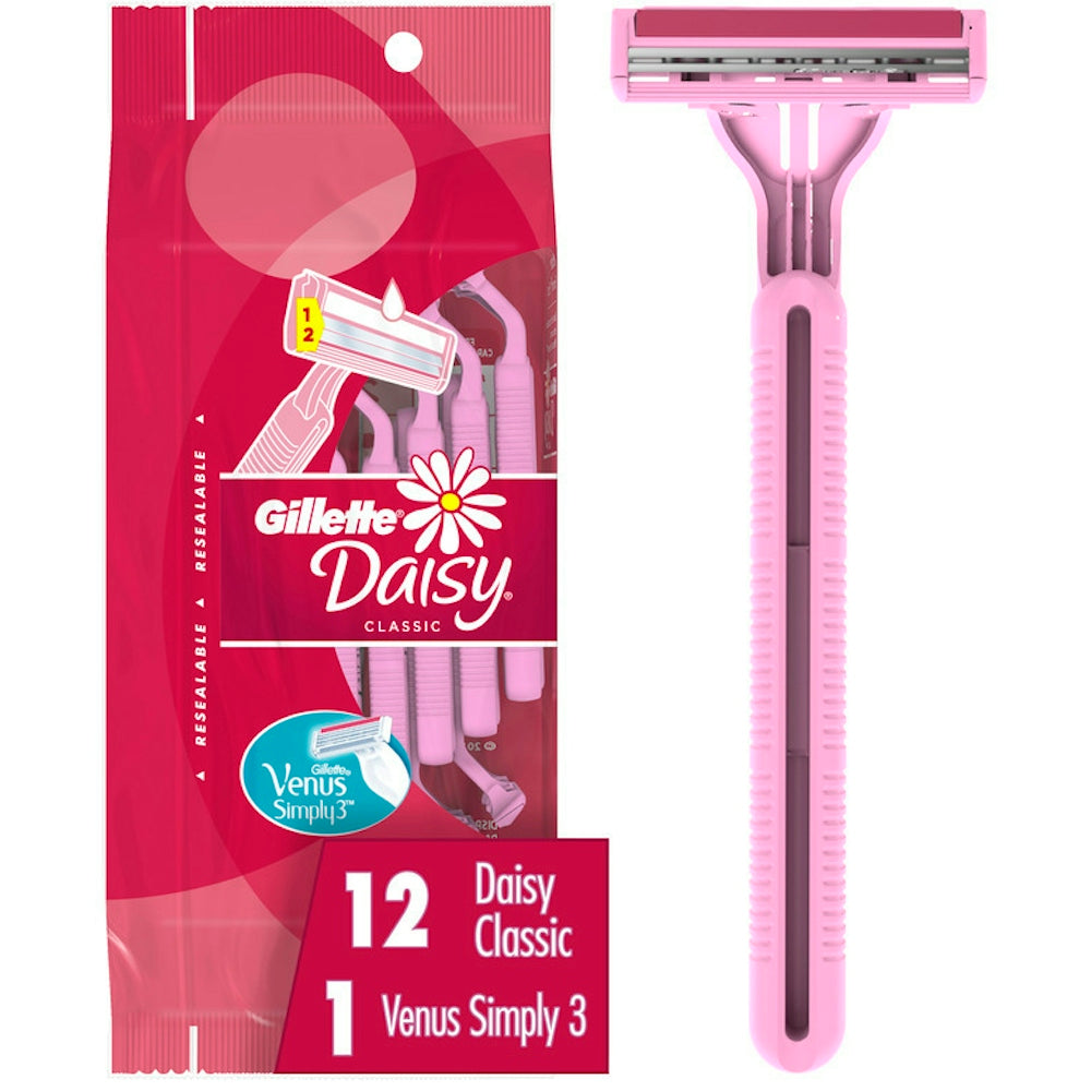 Gillette Daisy Classic and Simply Venus disposable razors, pink and white plastic handles with protective covers on blades.