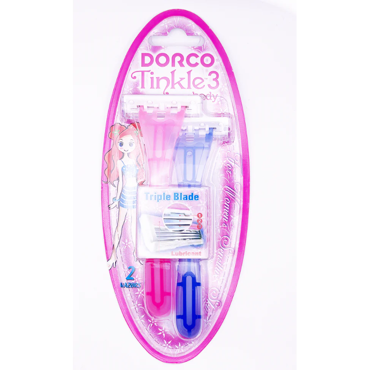 Dorco Tinkle3 women body razors with triple blades, two-pack, designed for smooth shaving and comfortable use by women.