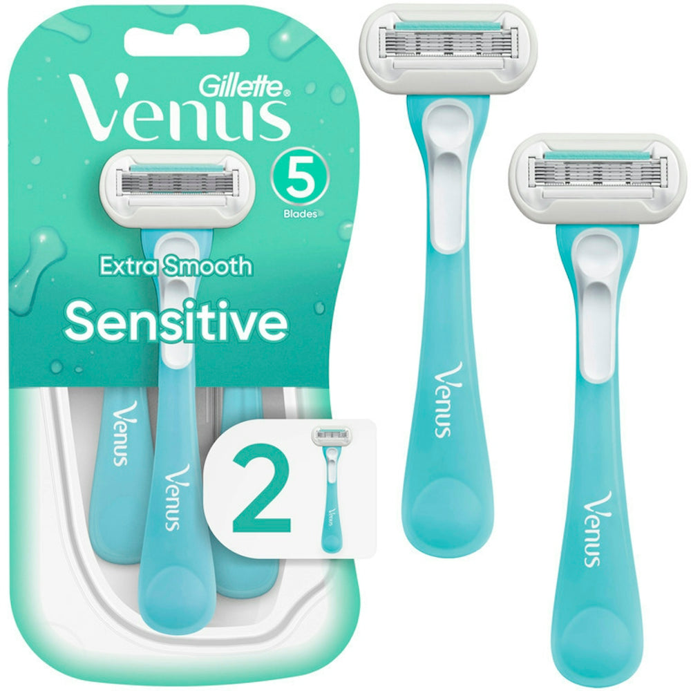 Gillette Venus Extra Smooth Sensitive women's disposable razors, 2-pack, with sleek handle and multiple blades for a close shave.